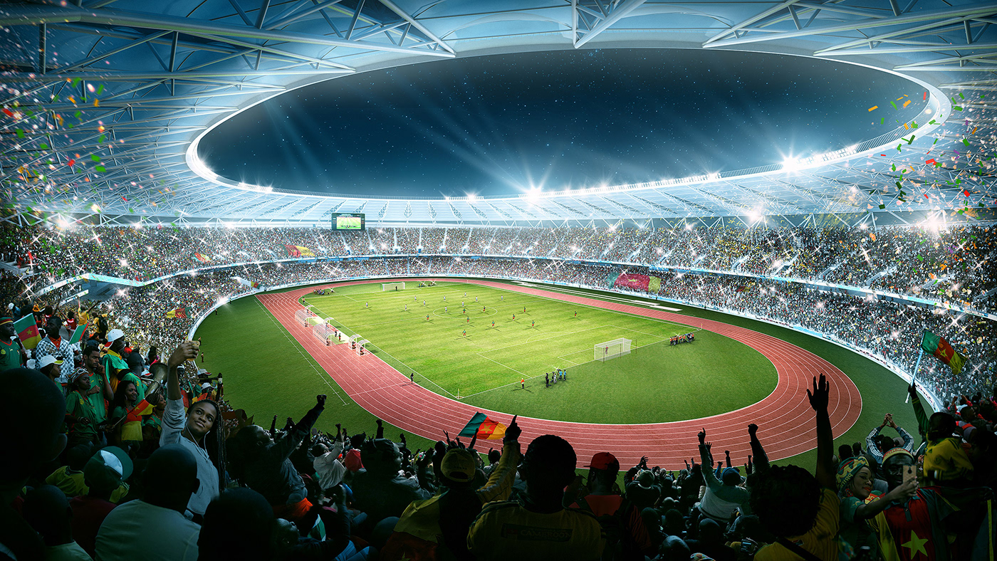 architecture football stadium cameroon CGI archviz visualization rendering crowd fans