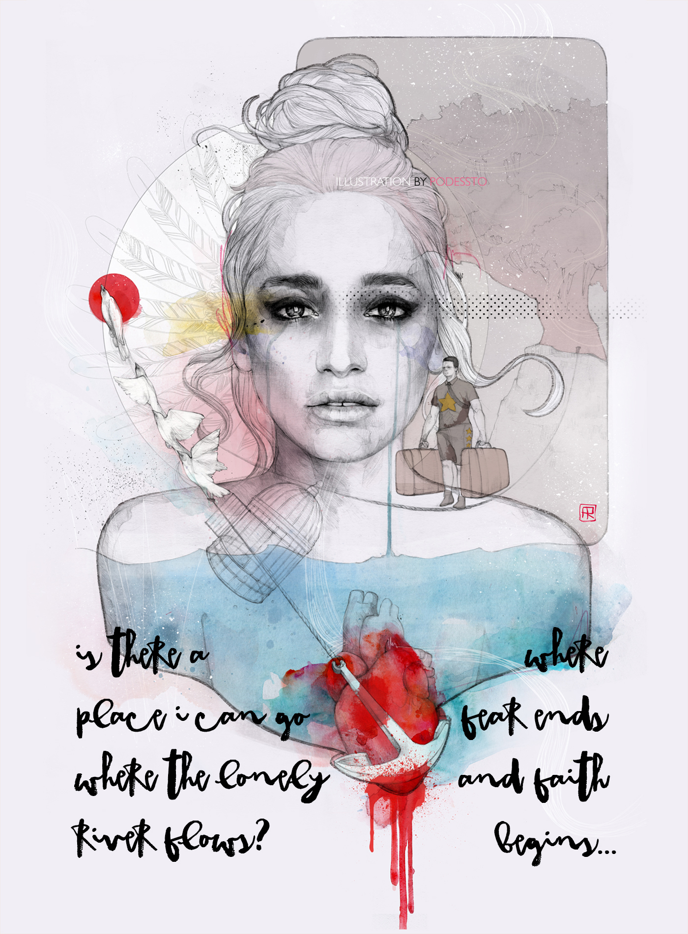 refugee face girl poem emotions colorful collage watercolor pencil MixMedia