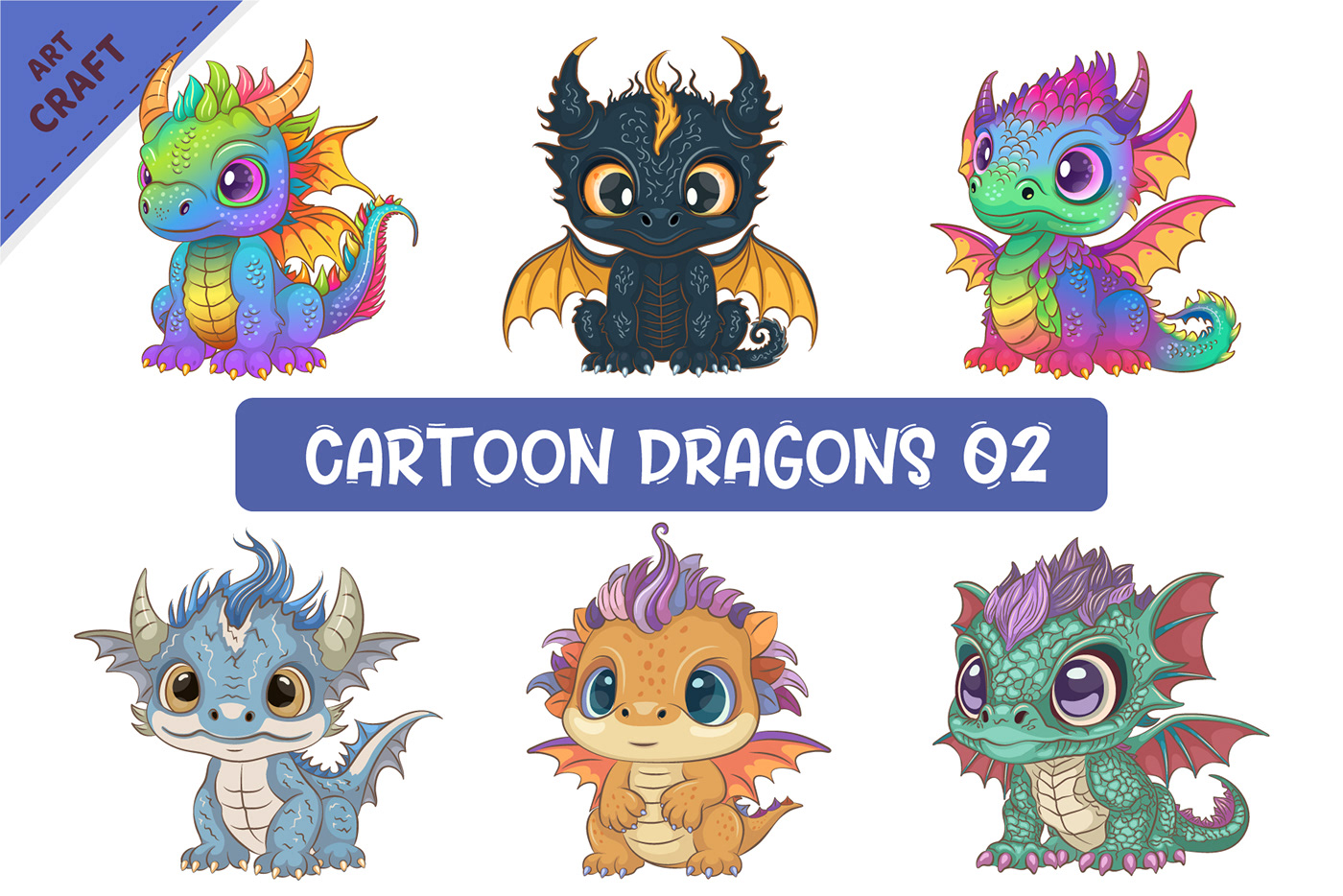 Bundle of cute cartoon Dragons, part 02, 6 pieces in total. Unique design, Fantasy mascot.