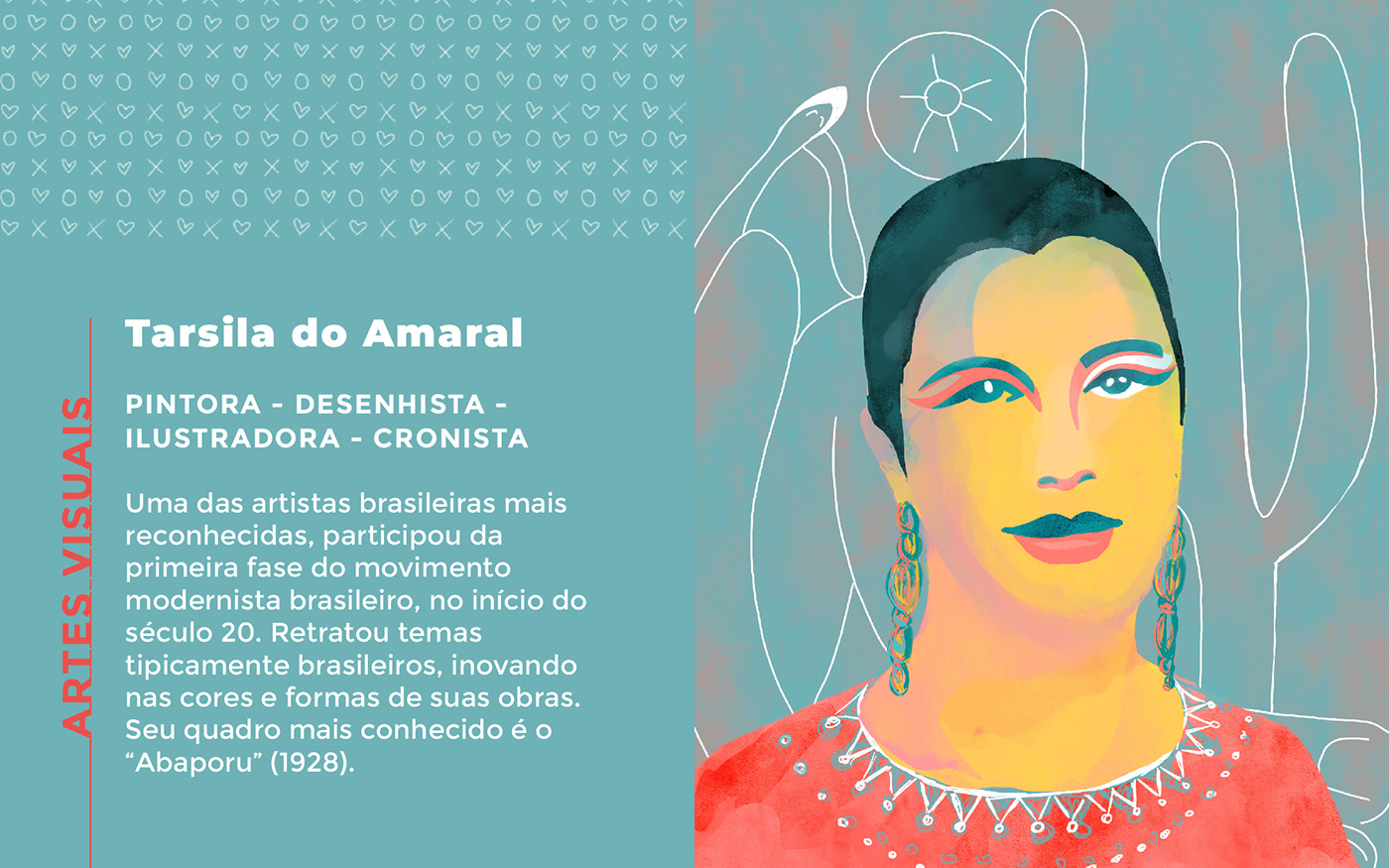 An illustrated portrait of Tarsila do Amaral a famous Brazilian painter.
