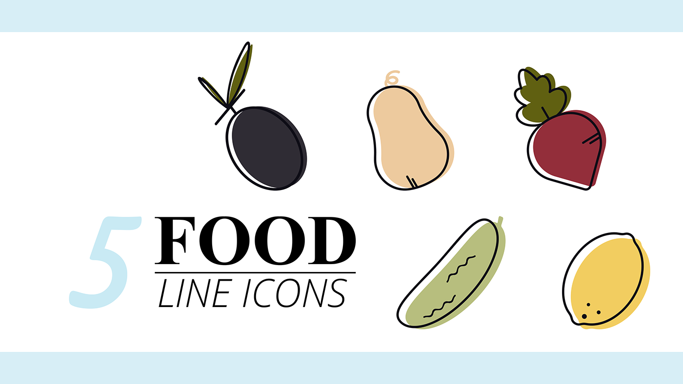 cartoon Food  adobe illustrator Graphic Designer olives beetroot lemon pumpkin cucumber line icons