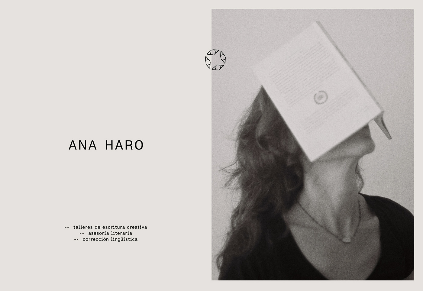 Portrait of Ana Haro with a book on her head, logo visible.