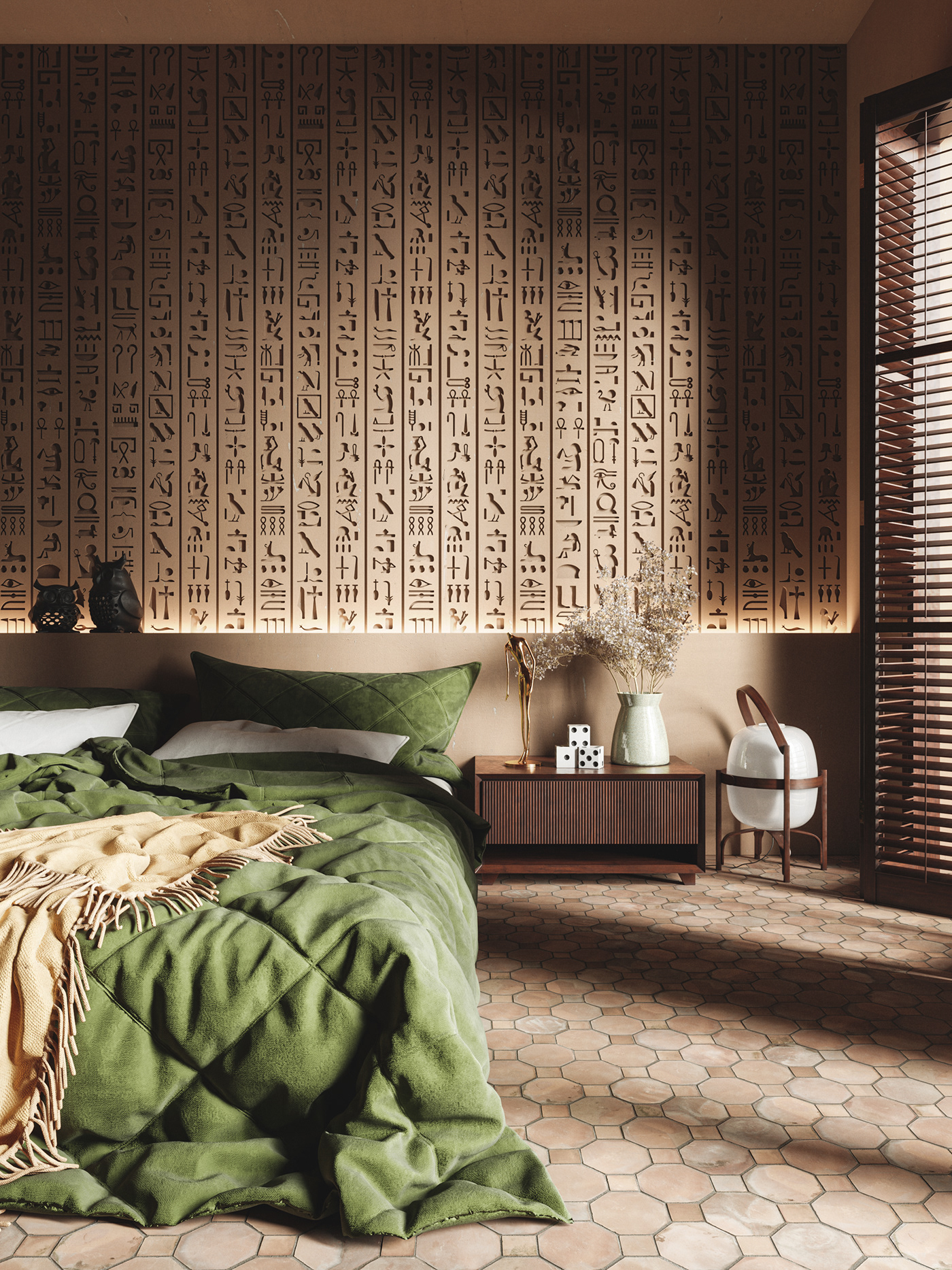 bedroom CGI clay corona renderer design green headboard hieroglyph interior design  minimal