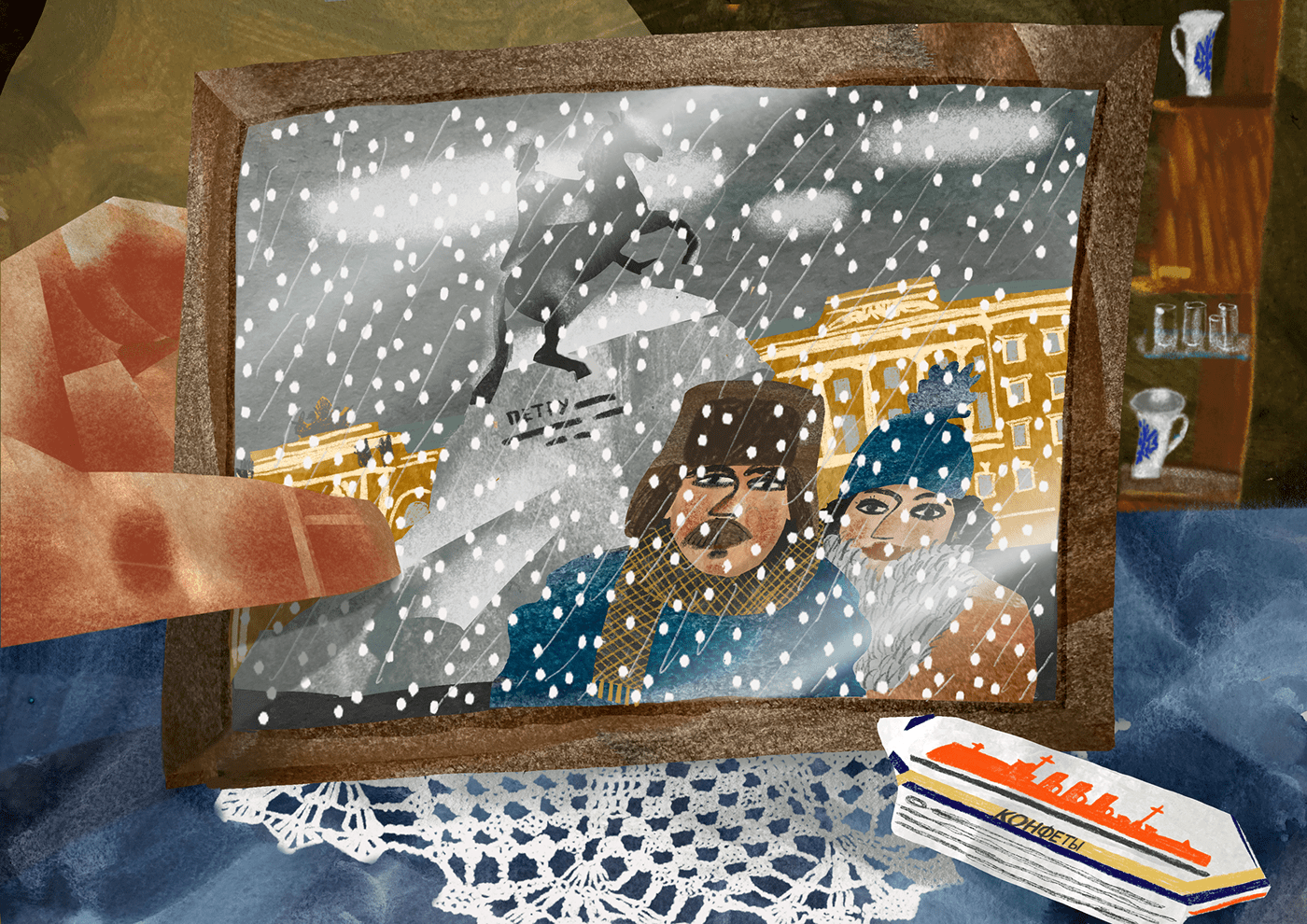collage winter city Procreate Character design  night snow digital illustration Saint-Petersburg