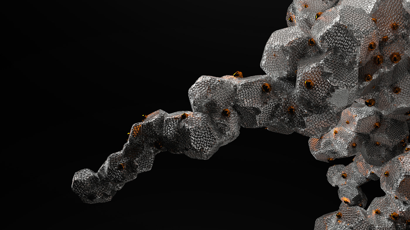 stone silver crystal reflective orange strucutures particles motion graphics houdini