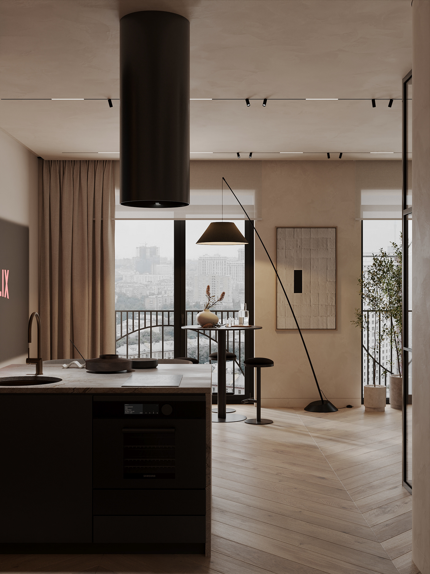 living room visualization archviz Wabi Sabi Japandi Minimalism beige black