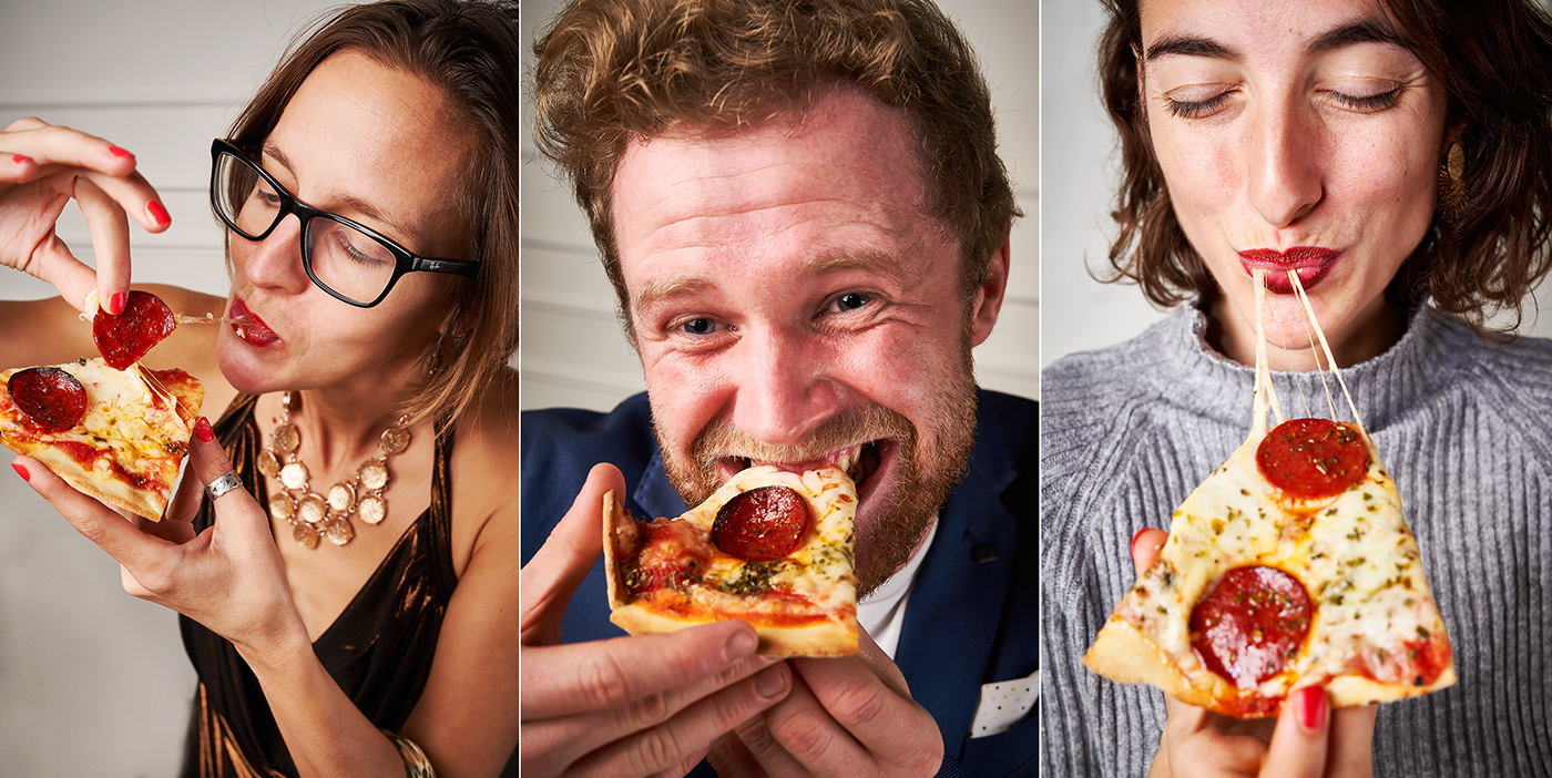 Image from lates album in www.thefoodielookbook.com. This one: Face of people eating pizza