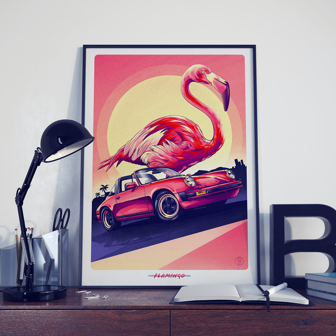 80s car flamingo ILLUSTRATION  Porsche poster Retro Targa vapor vicecity