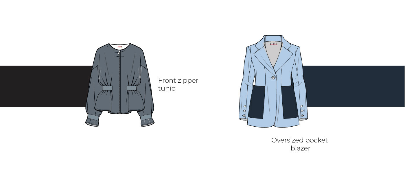 capsule collection Denim design Fashion  flatlay Power Dressing TECHNICAL SKETCHES