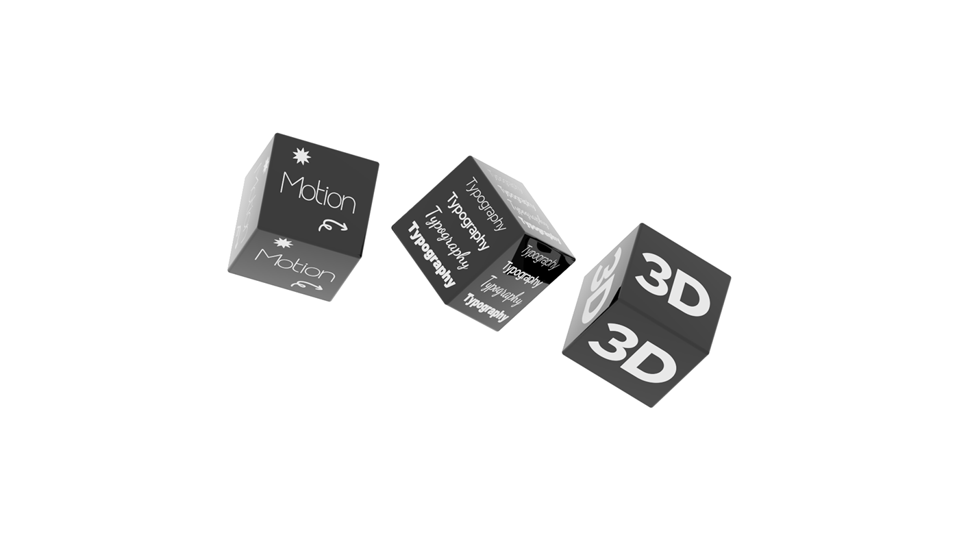 Three 3D cubes with text compositions on them, animated