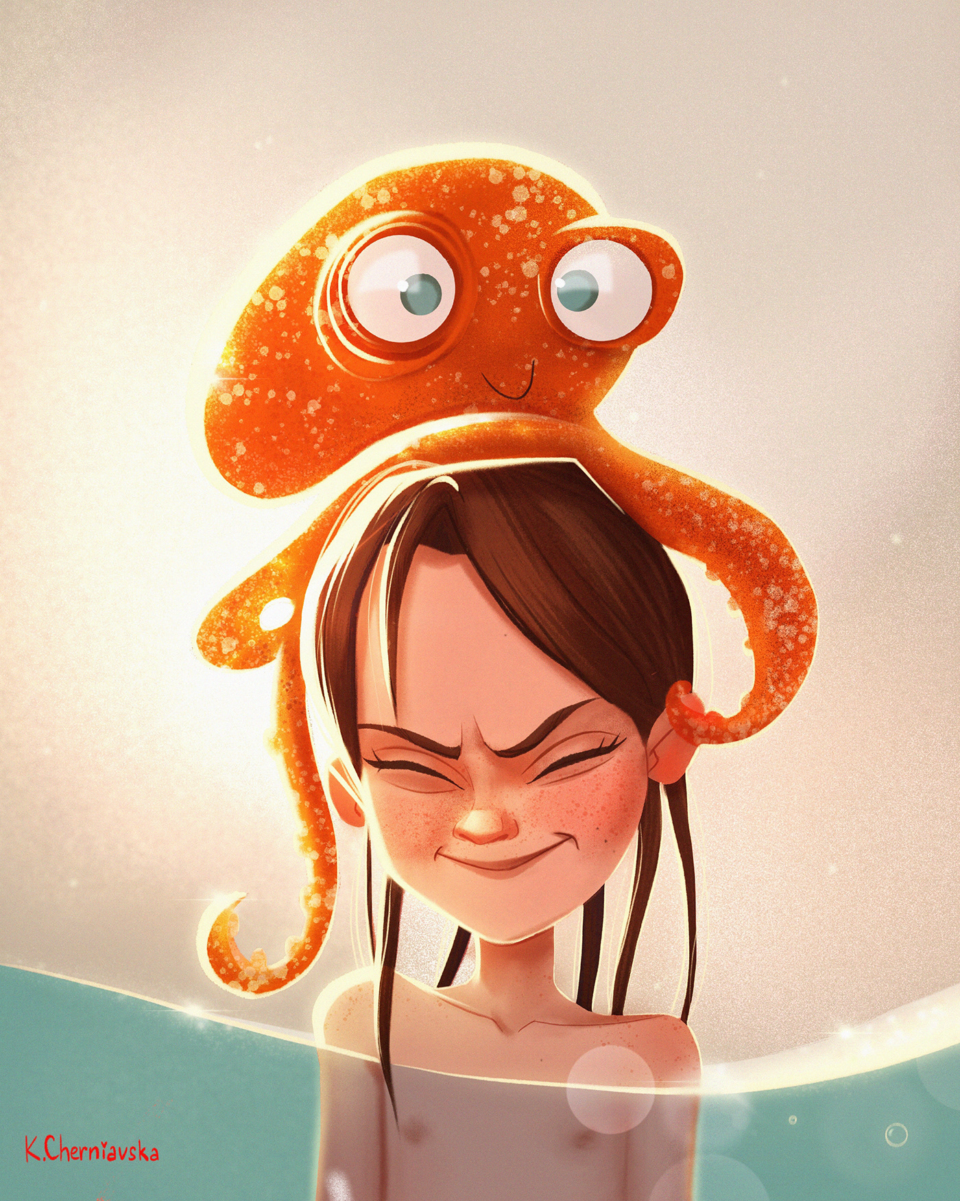 Funny octopus and a girl in the ocean in summer
