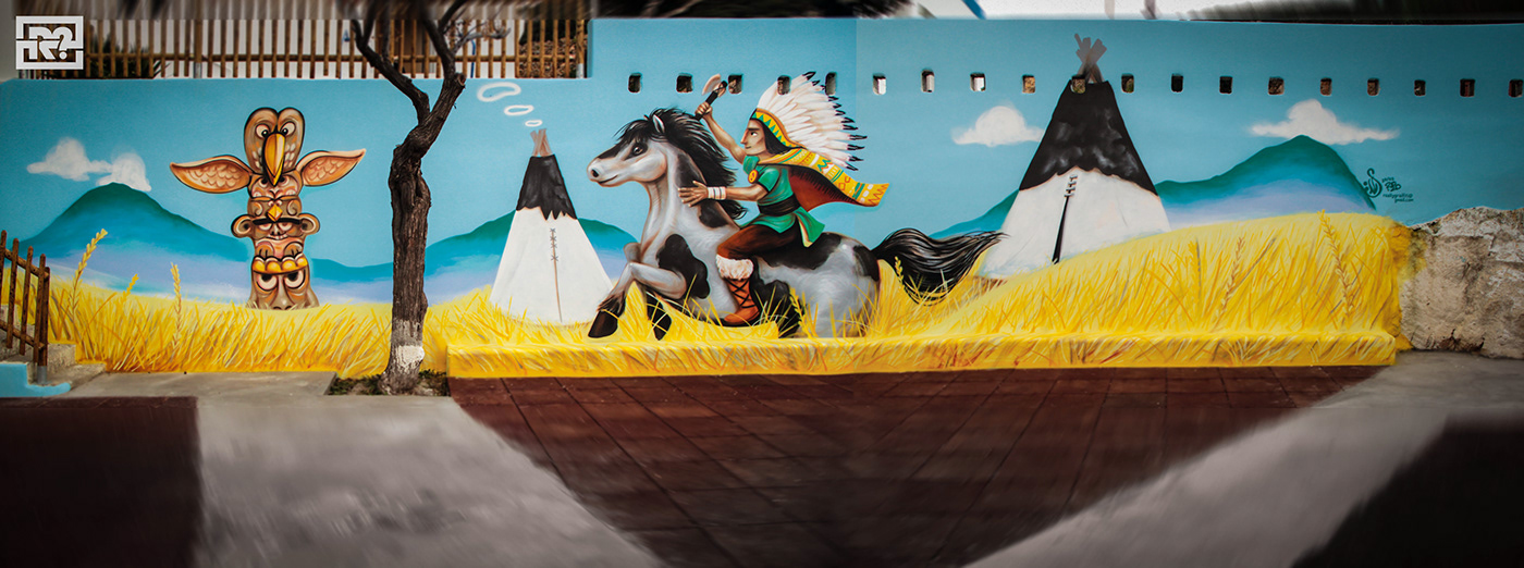 artwork Graffiti horse indian kid Mural Playground spray syros west