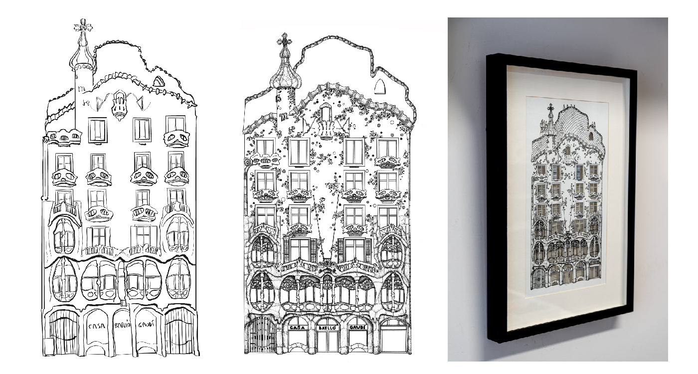 ilustracion dibujo papercut casabatllo architecture hand drawing black and white Dibujo a mano Gaudi catalunya
