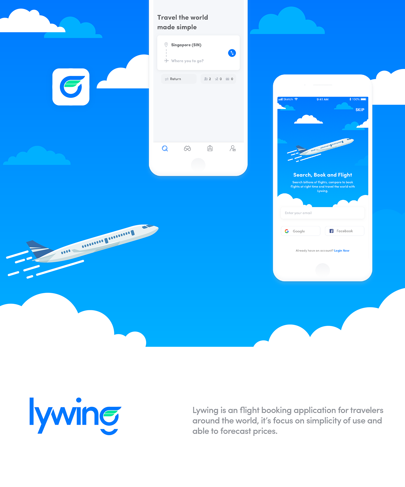 lywing flight Booking app branding  ticket air plane