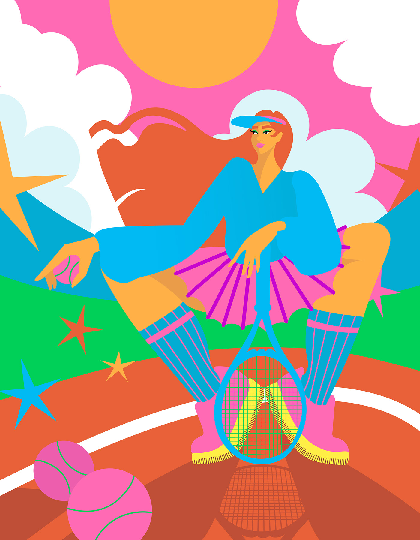 woman playing tennis in a stadium. colourful illustration 