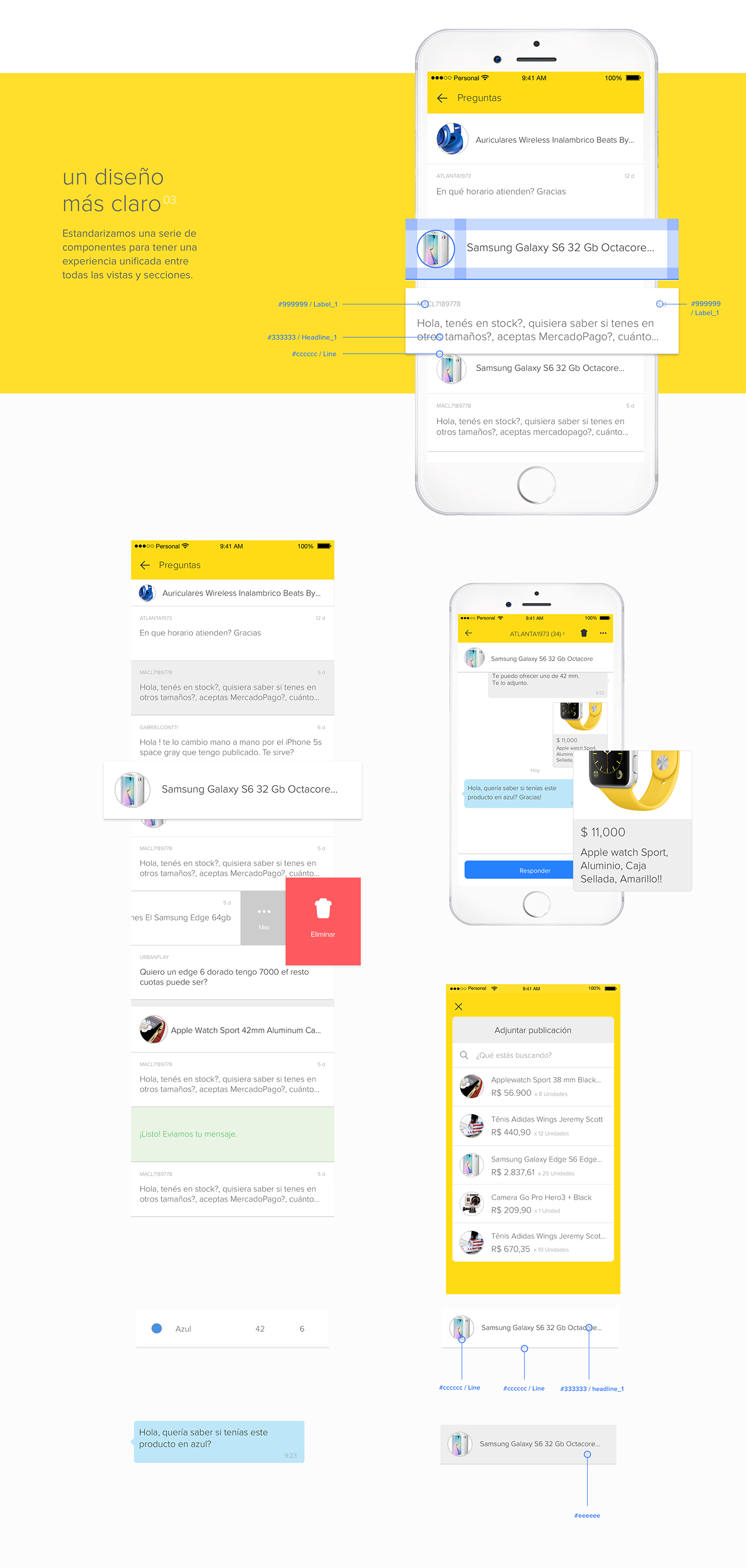 ui ux mobile Mercadolibre app flow ilustraciones vistas ios interfaz design diseño yellow amarillo MERCADO LIBRE interaction