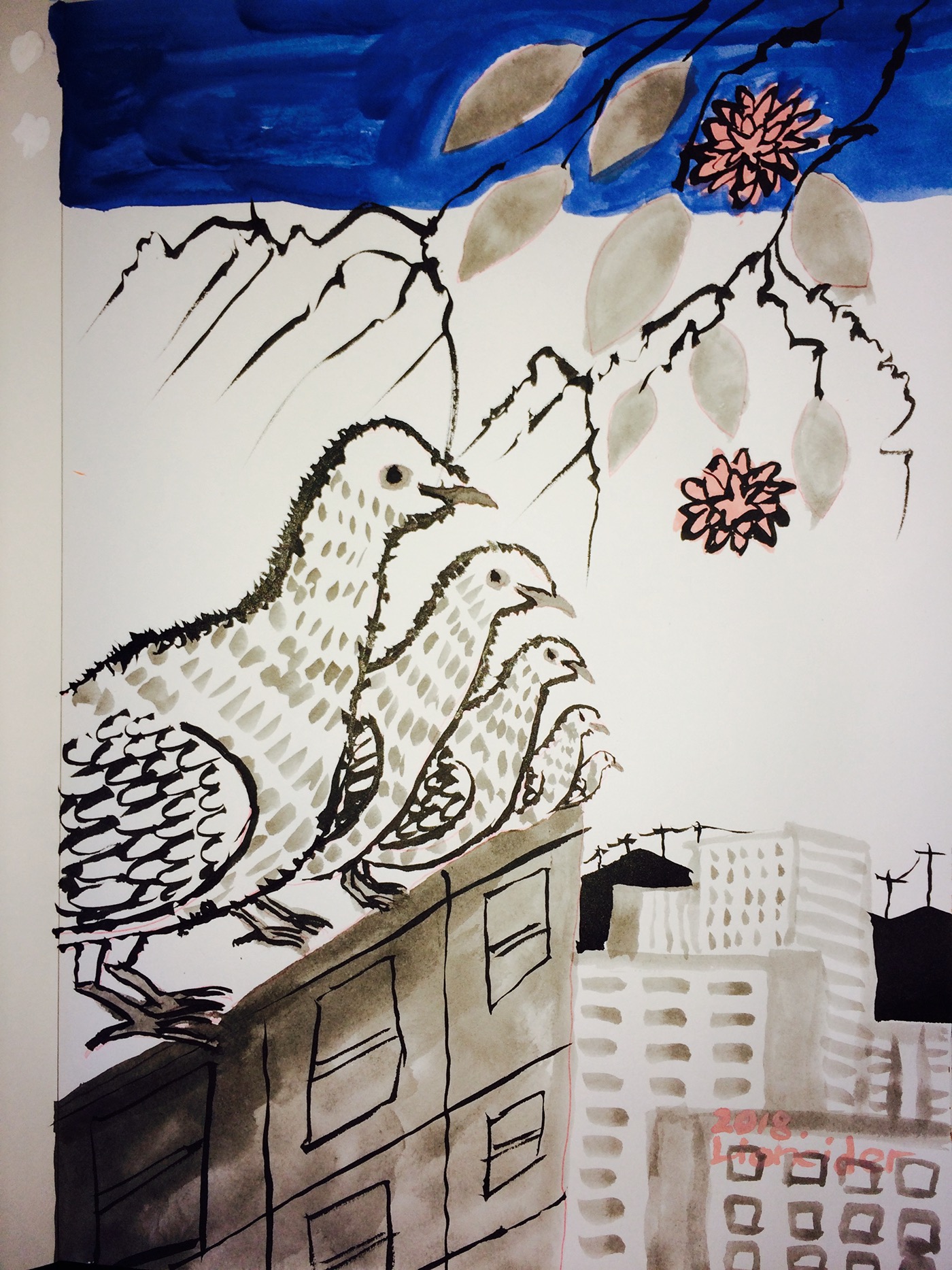 ILLUSTRATION  Drawing  alignment animal dove line brush building branch japanese art pictures ink black gray Illustrator