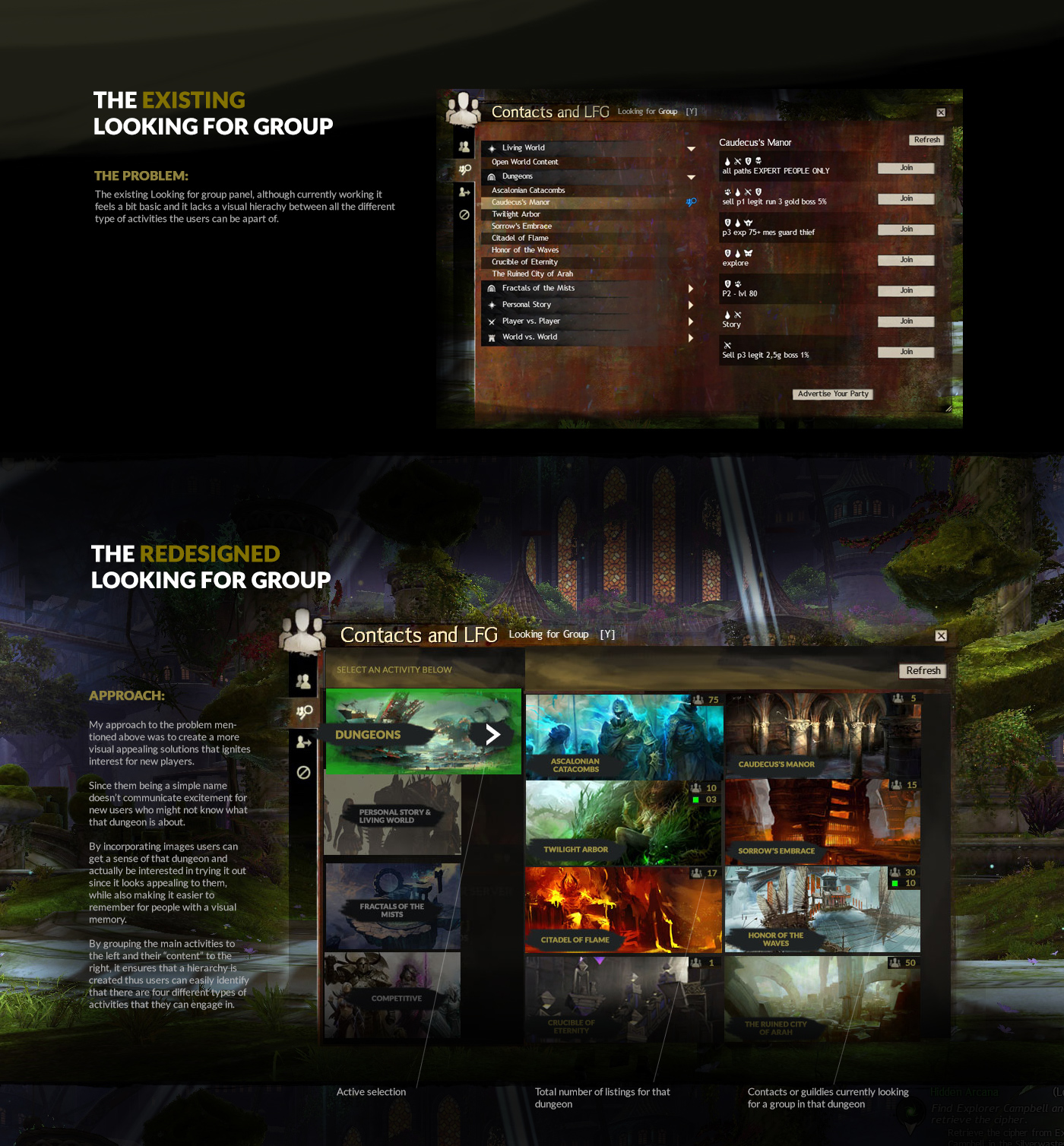 guild wars GW2 ux design user experience user interface wireframing Prototyping mmo game Website in-game artistic User research user interviews