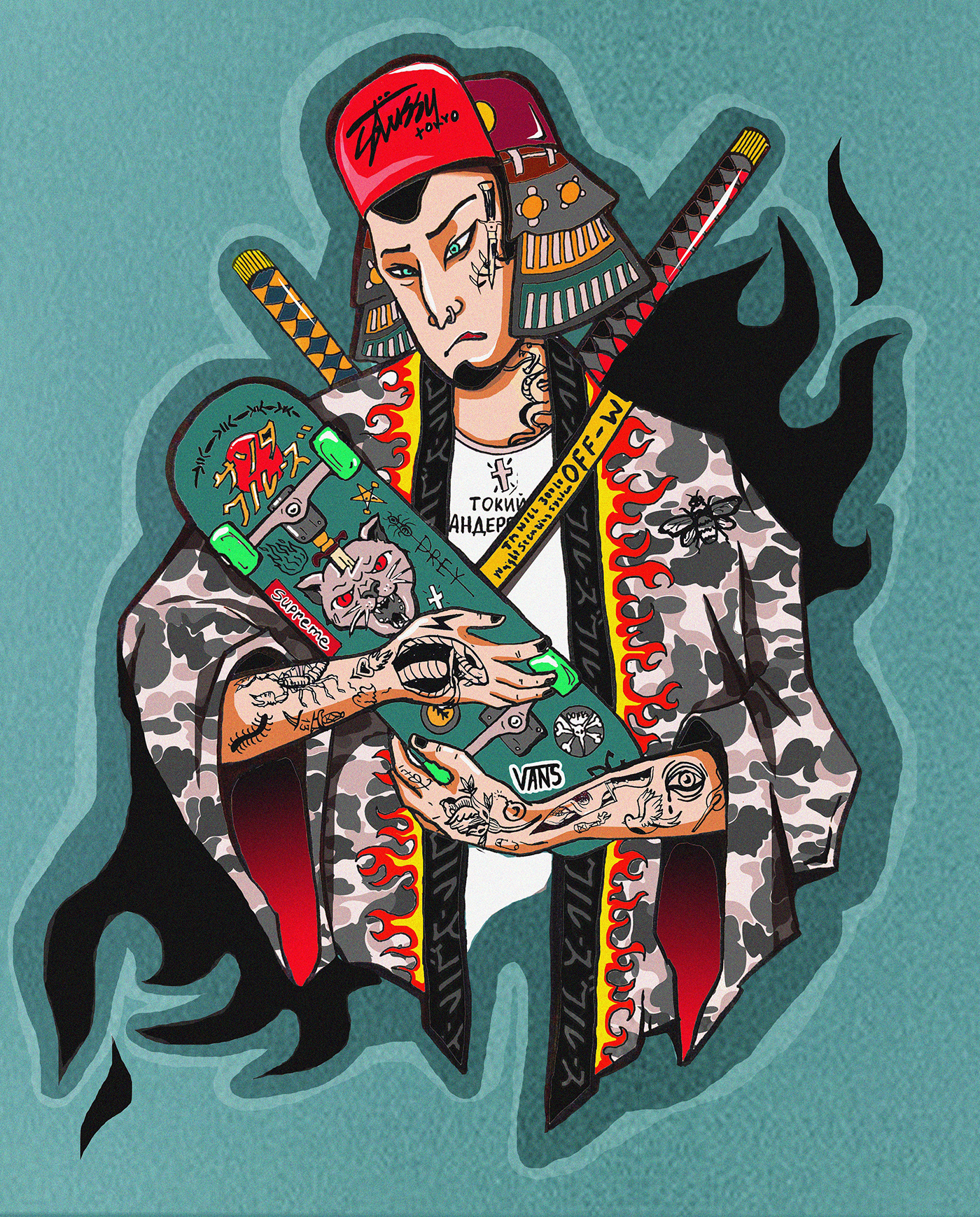 ILLUSTRATION  skater digitalart samurai japanesetattoo japaneseart hypebeast supreme Character comics tattoo skate Vans