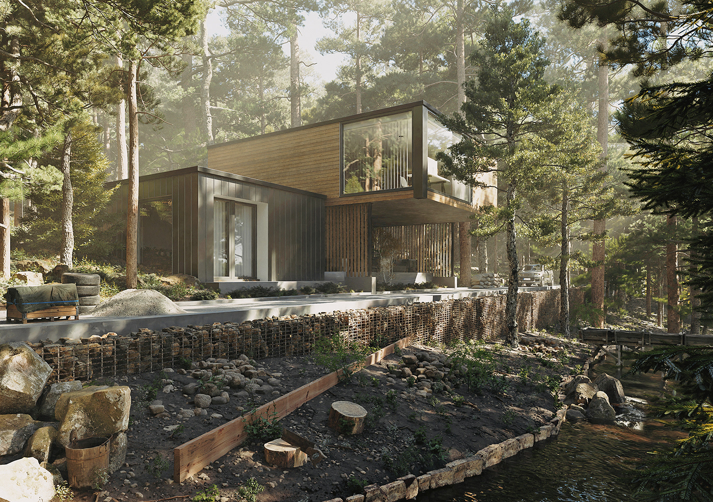 corona forest visualization Realism 3D rendering CGI fog architecture modern