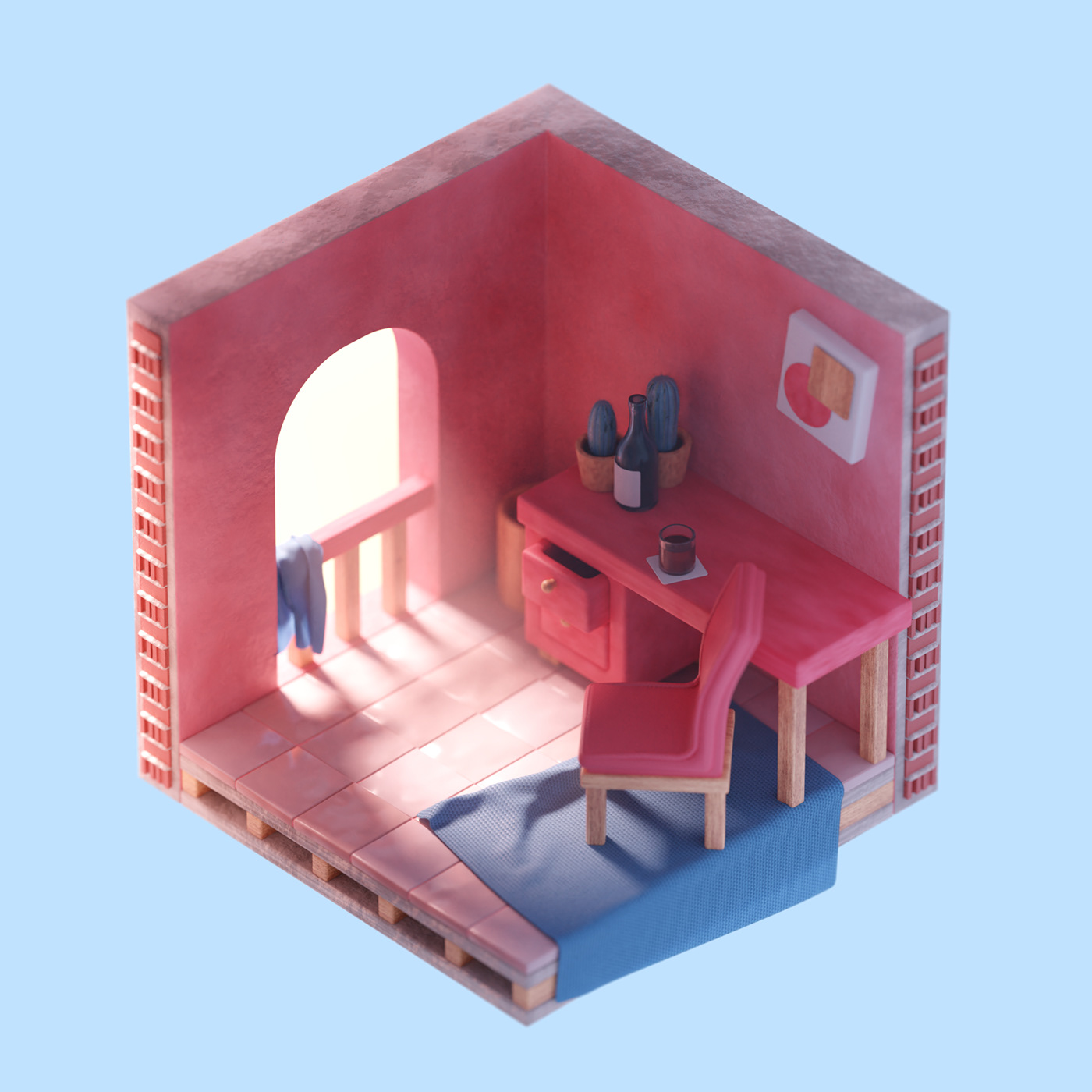 Isometric art room pink cute clay toy