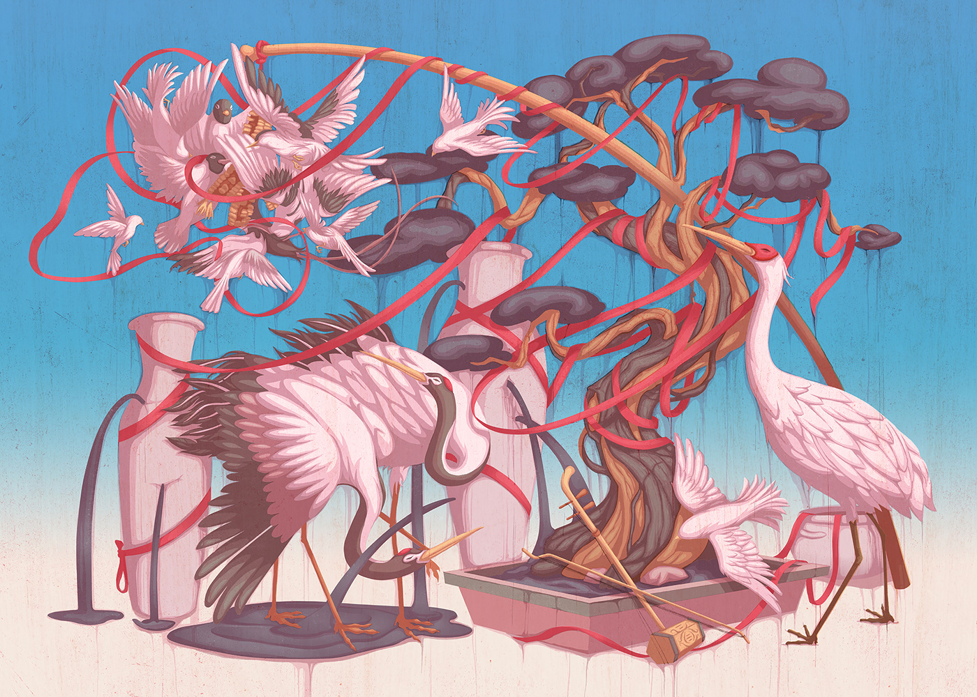 animals art birds blue digital illustration Drawing  Nature Tree  water