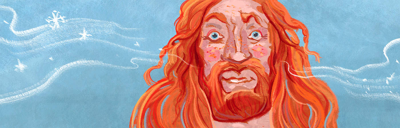 ILLUSTRATION  comic one-pager ginger red head beard pencil sketch colored pencil viking blue and orange