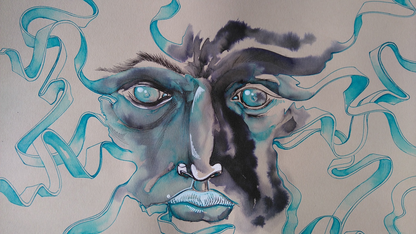 face eyes man watercolor ink pen paper blue Nicolas Skorupka mind