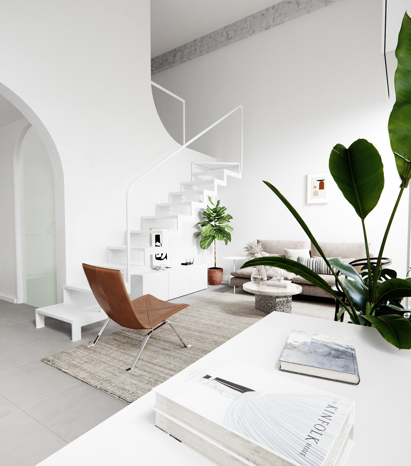 Interior rendering corona visualisation siting kitchen dining minimal Scandinavian calm