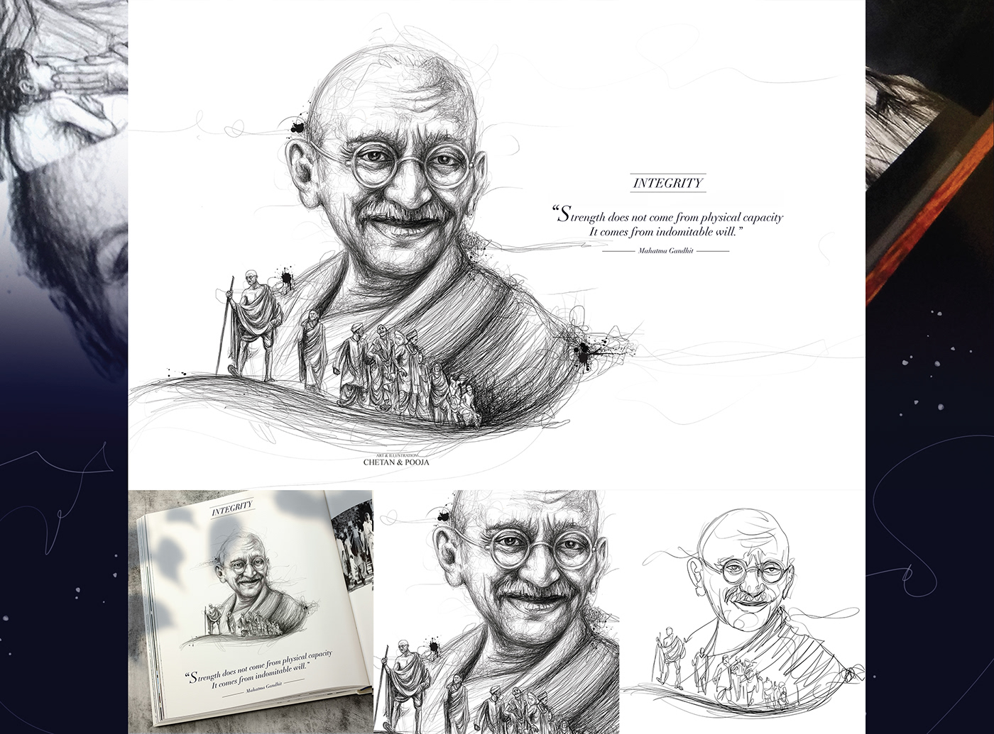 Advertising  calendardesign coffeetablebook digitalart illustrations MahatamaGandhi markzukenbarg MSDHONI printmedia stevejobs