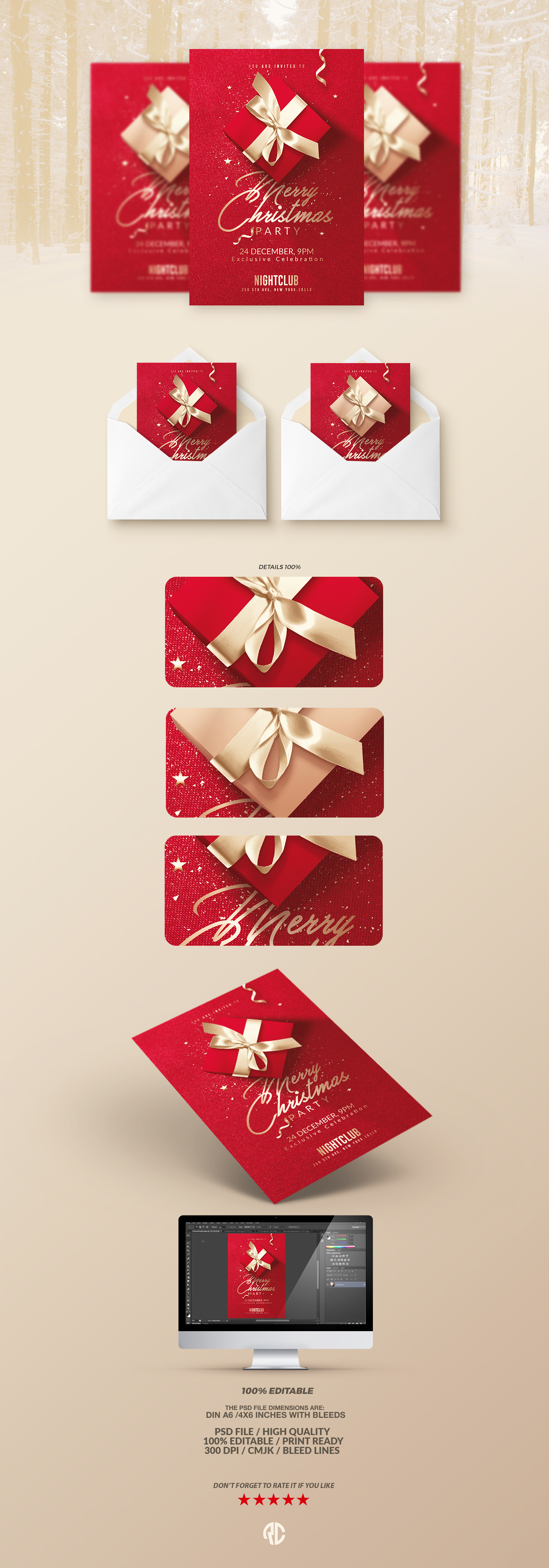 Christmas celebration Invitation classy red gift new year christmas template Flyer Party christmas cards