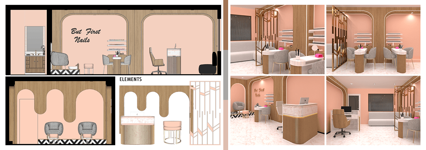interior design  Undergraduate photoshop Illustrator SketchUP InDesign Procreate section Elevation moodboards materials architecture Architectural Work Cover page restaurant Kiosk working drawings bathroom Retail pavilion Hair Salon Nail Studio interior design portfolio Portfolio Design Interior