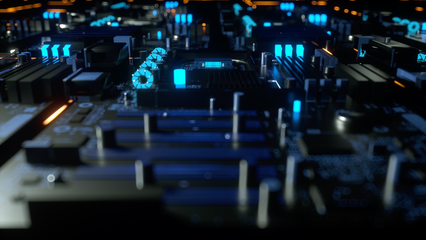 c4d octane x-particles bokeh microchip motherboard Shafts of light Flying Car future Scifi