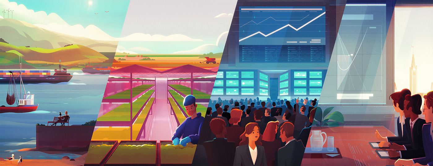 illustrated panels split people Landscape skyline agriculture business economics characters
