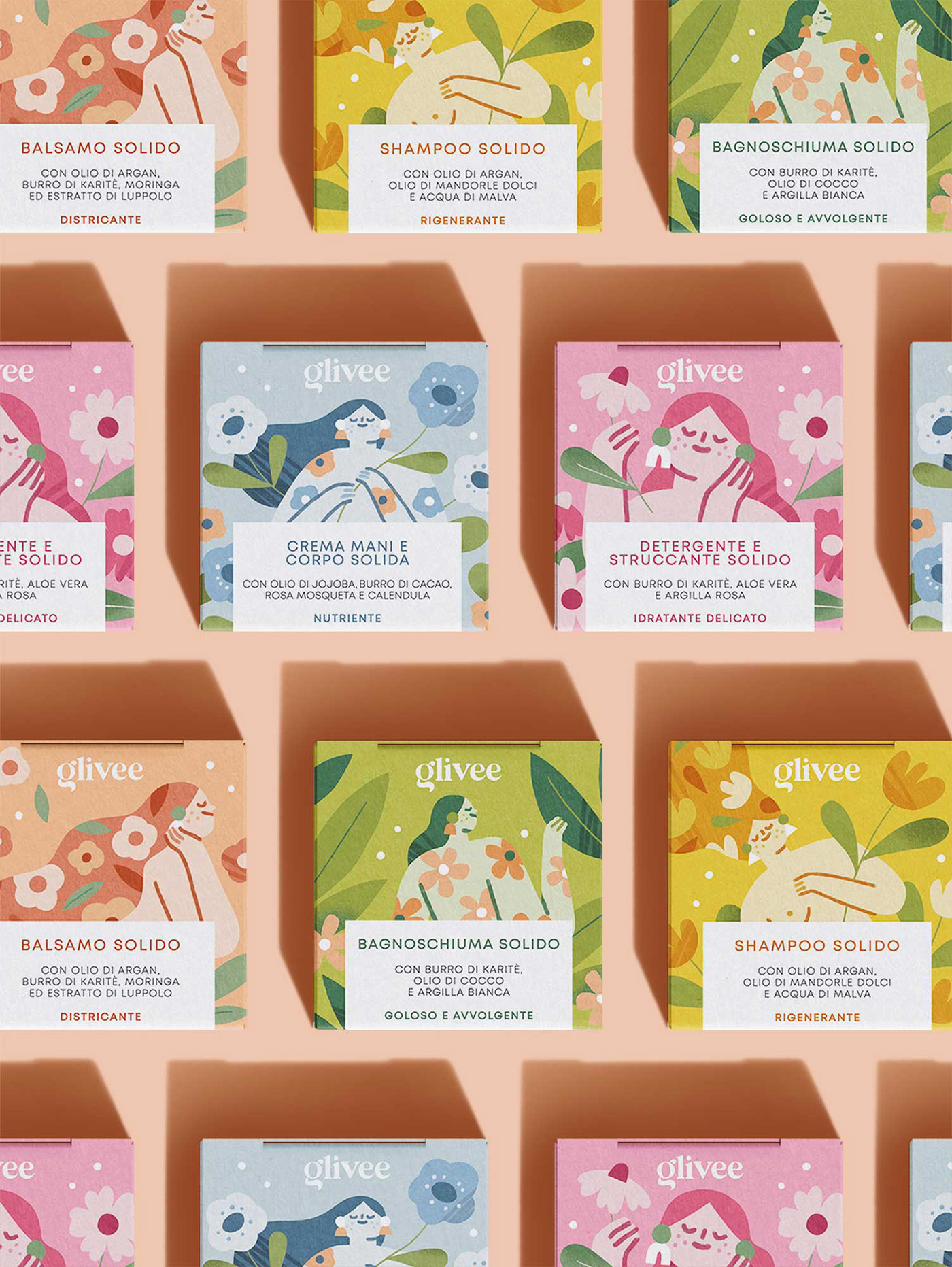 Paper boxes Packaging of solid beauty product with illustrations