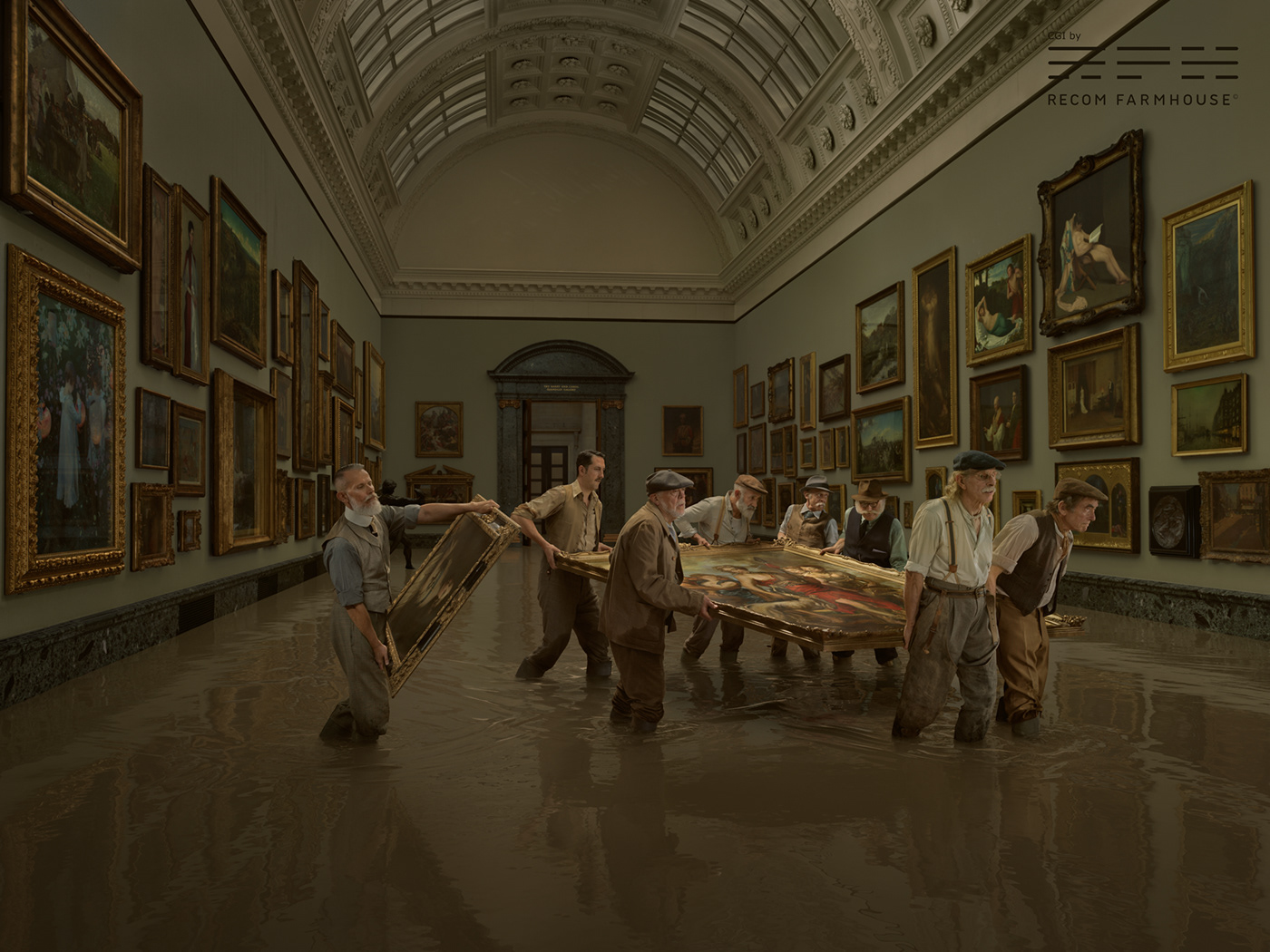 Tate CGI flood Interior fine art gallery staged historical people water
