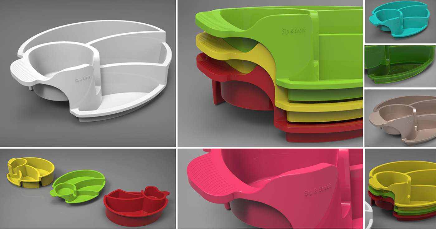 product design  holder tray plastic snacks and beverages colorful Ergonomics