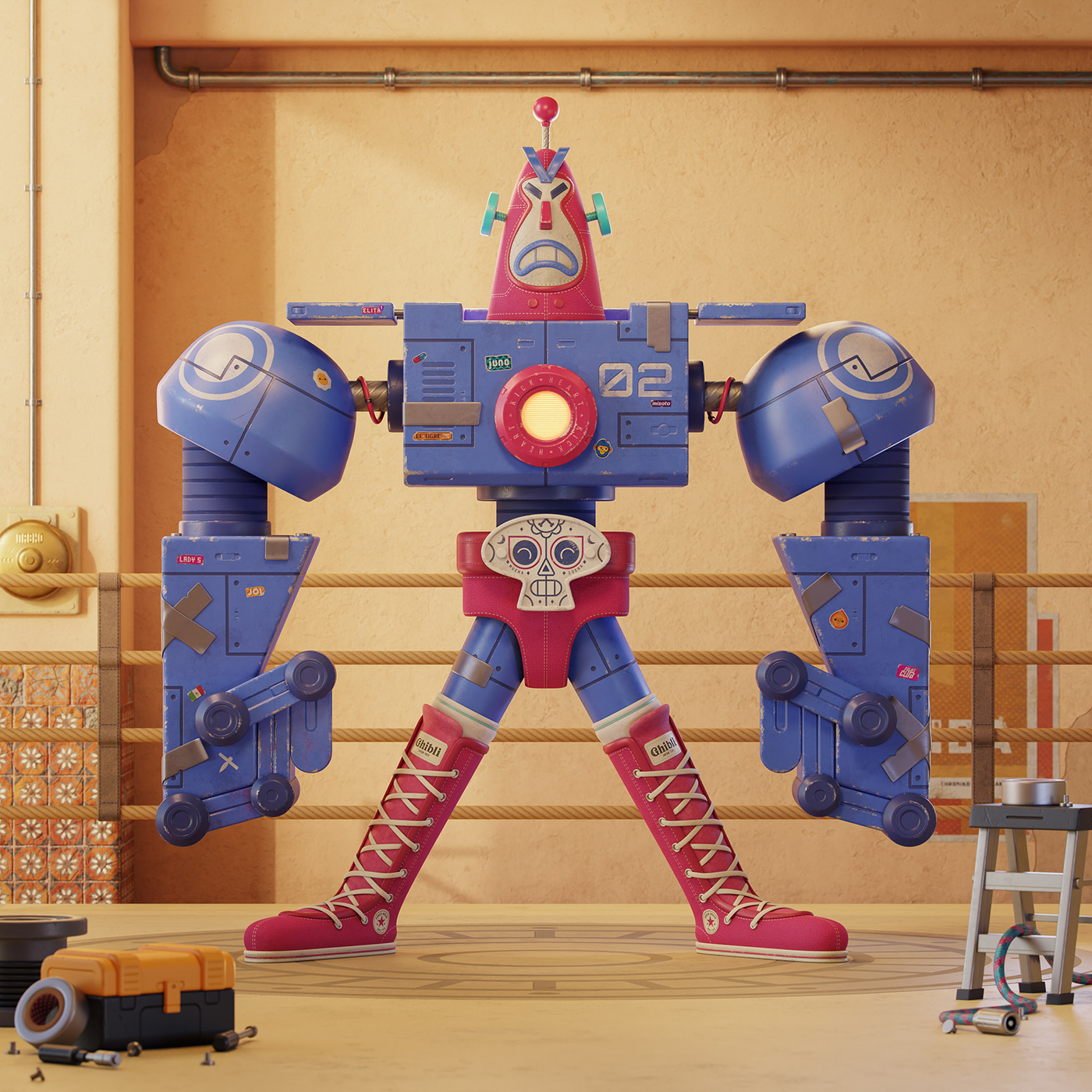 blue challenge Character design  iron giant luchador pink purple robot VisDev yellow