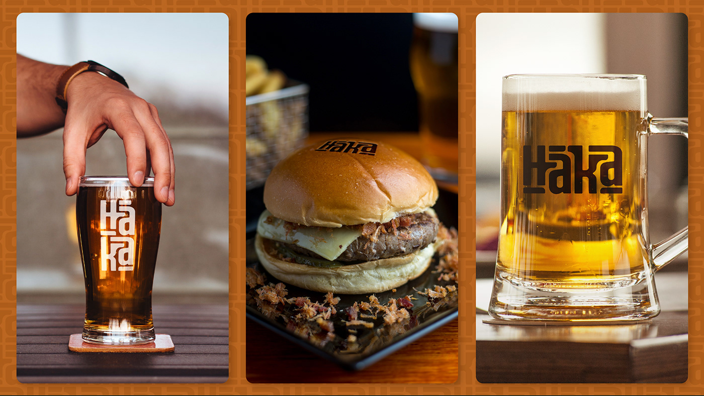 Three pictures displaying: beer glass, chop cup and burger with the logo printed.