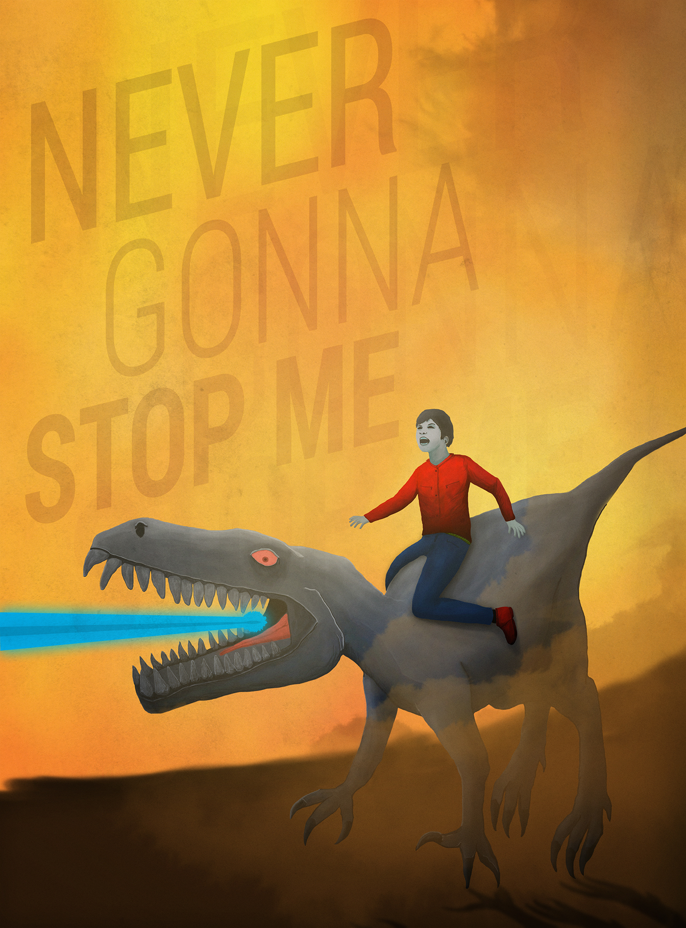 Dinosaur raptor rider boy rasul mono poster printable yellow orange laser never gonna stop
