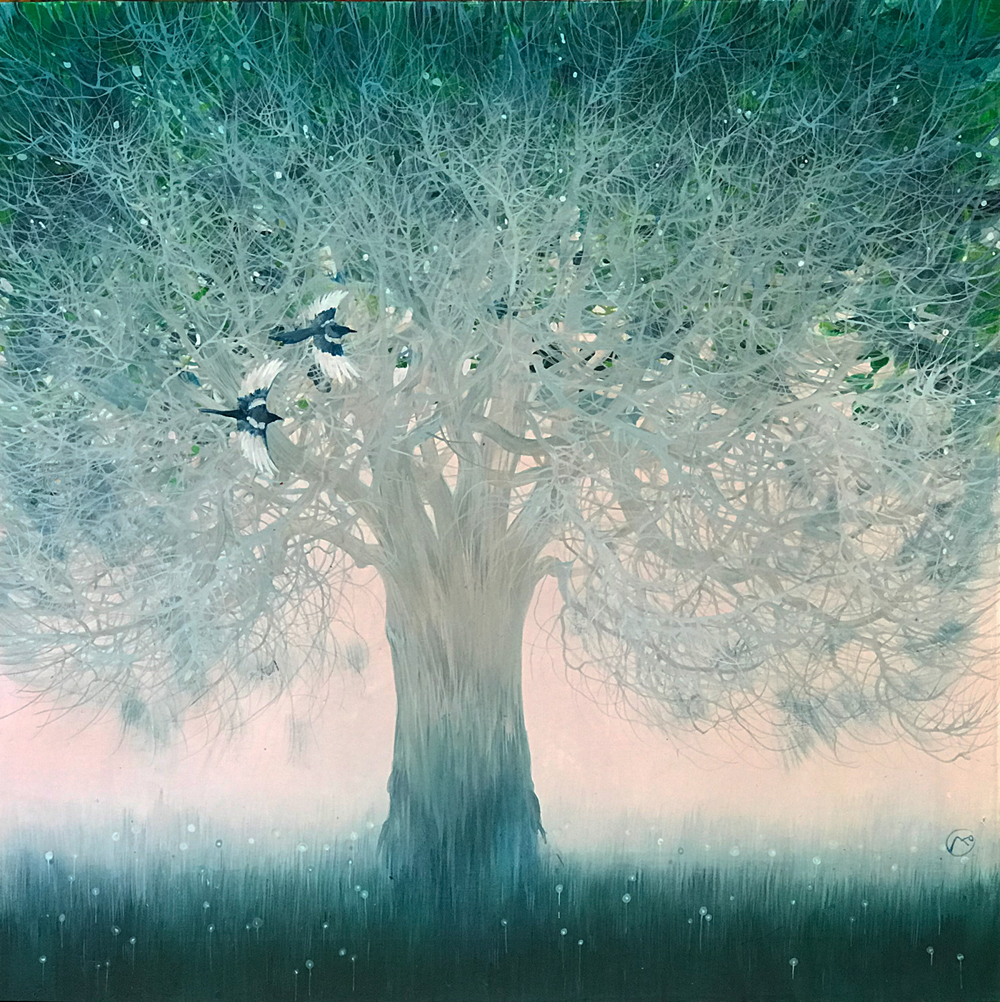 birds fairy tale forest Landscape Magic   modern art russian art spring tranquility Tree 
