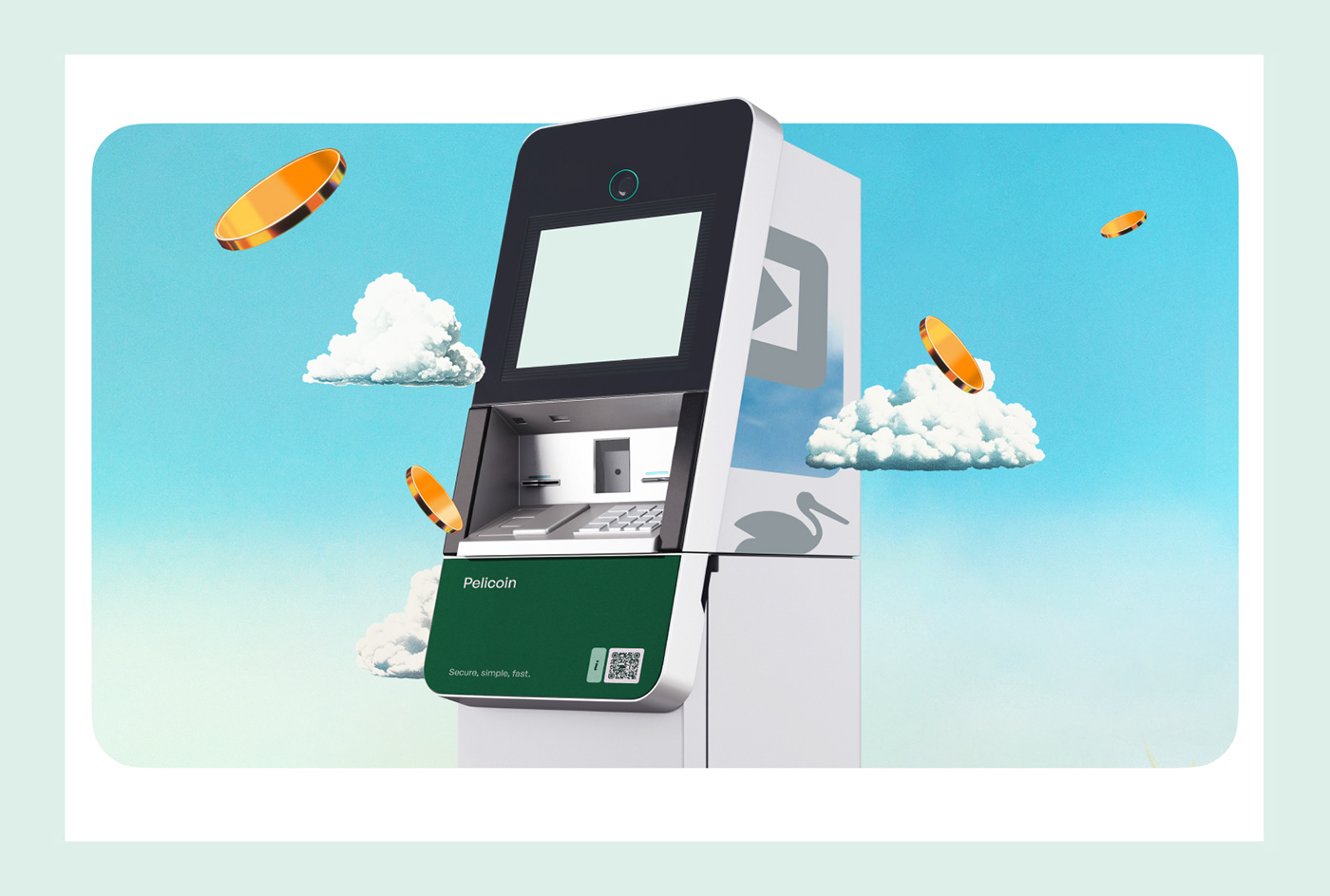 branding  ATM crypto coin Web landing page serif Y2K Retro pelican