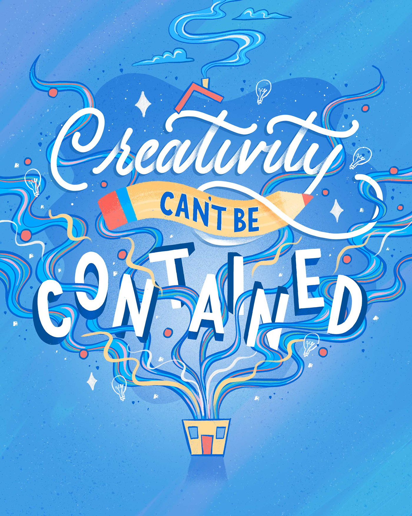 Lettering bursting out of a house with the phrase, "creativity can't be contained"