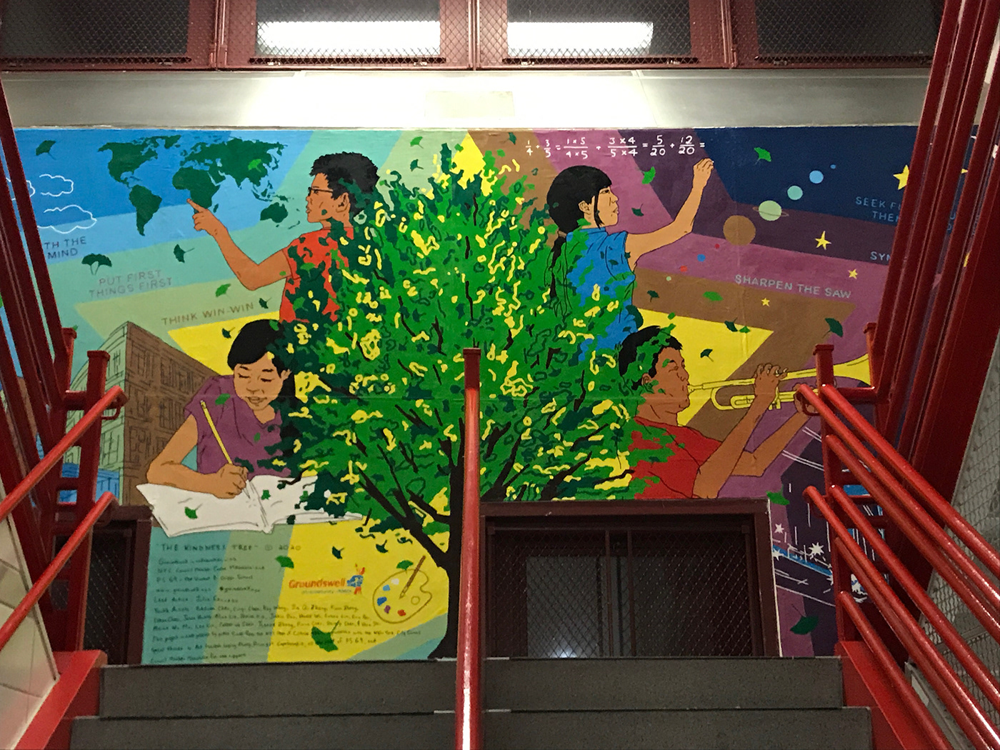 Brooklyn community mural day and night ginkgo tree mural art public art School Murals