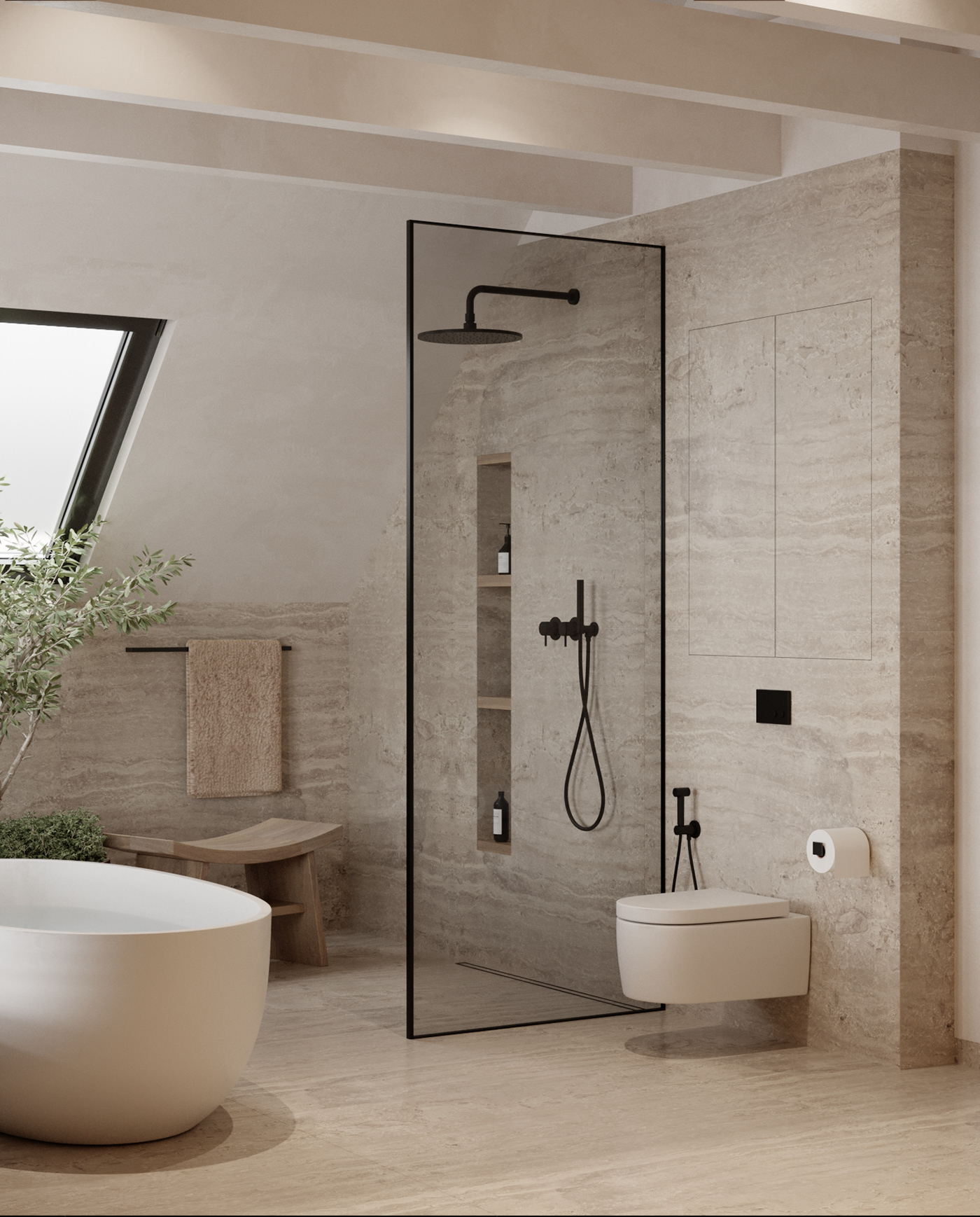 beige bedroom Master bathroom Render visualization modern Minimalism minimalist