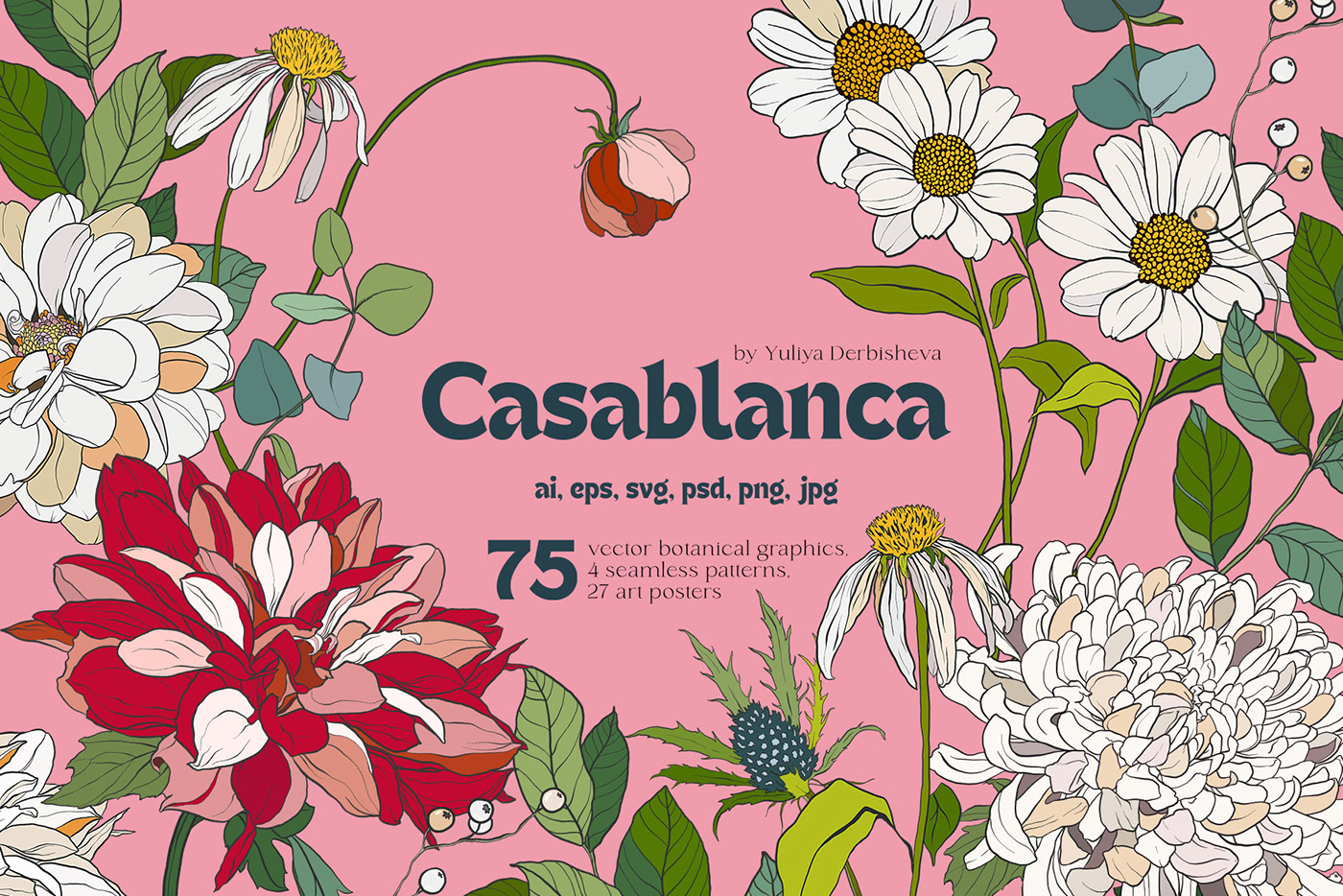 Casablanca modern vector botanical collection with graphics, art posters and seamless patterns