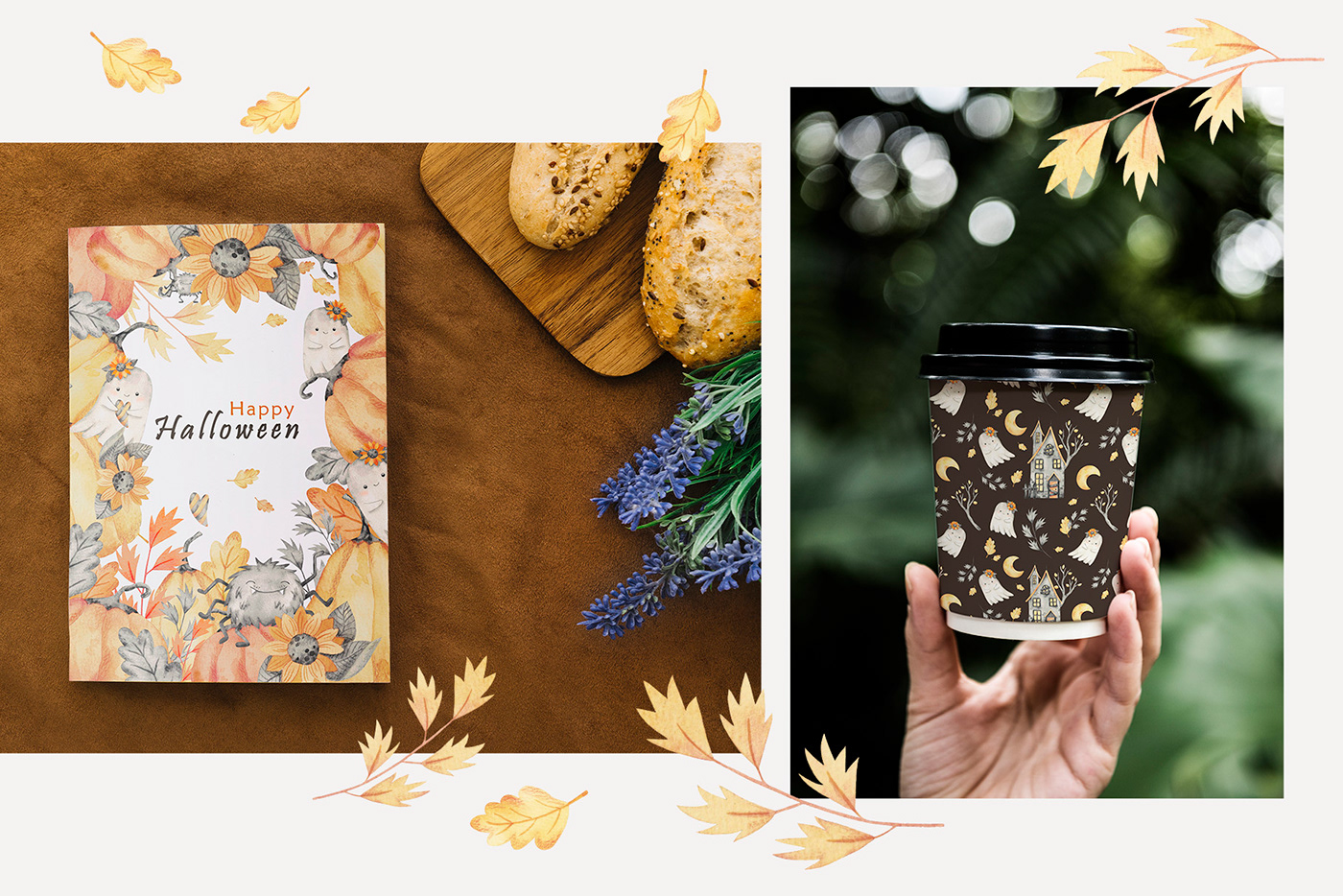 autumn and Halloween greeting cards and packaging