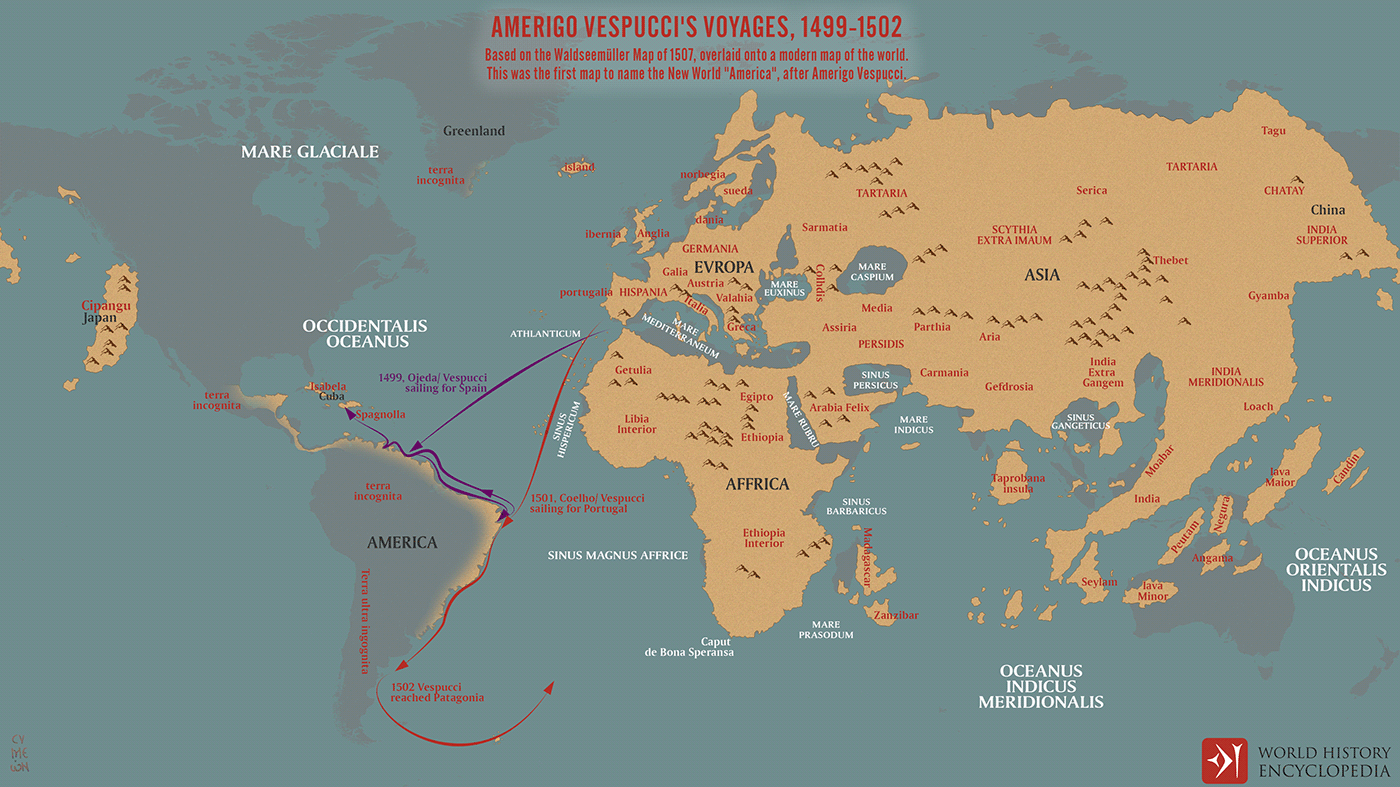 Amerigo Vespucci's Voyages between 1499-1502 and the map that mentioned America by name
