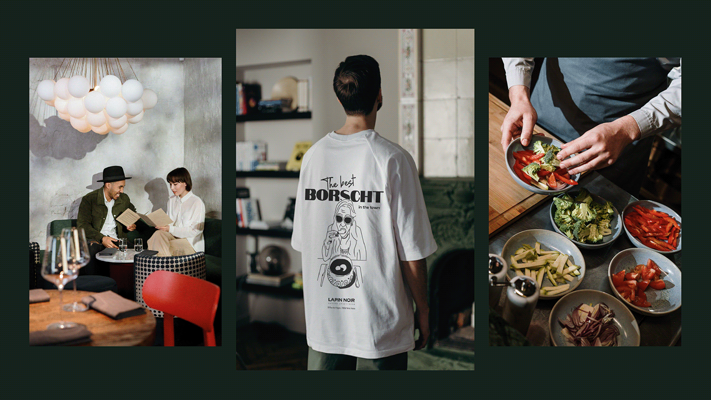 Mock up of T-shirt with brand identity. Chef cooking and couple in the restaurant. 