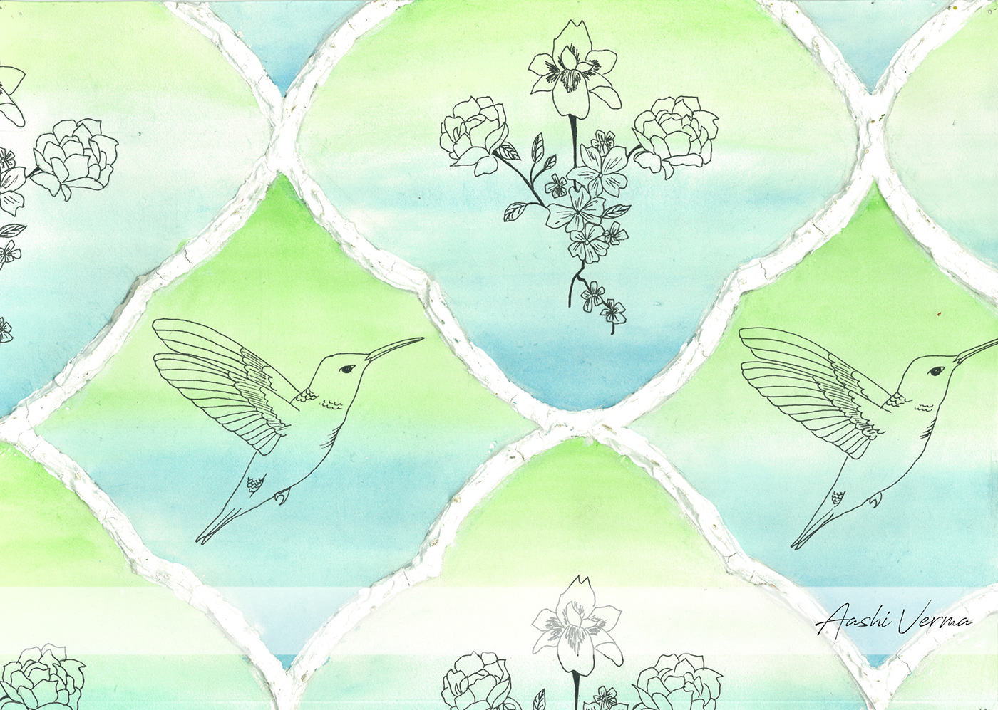 print design  Watercolours florals textile design  peonies handskills humming bird Cherry Blossom surface prints